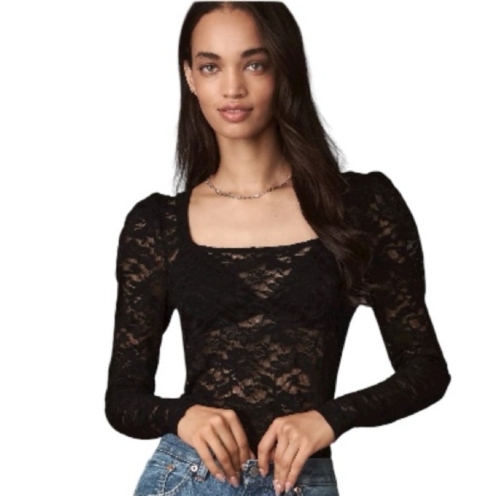 NWT Anthropologie Puff-Sleeve Sheer Lace Top Size M Long Sleeve Body Con Black